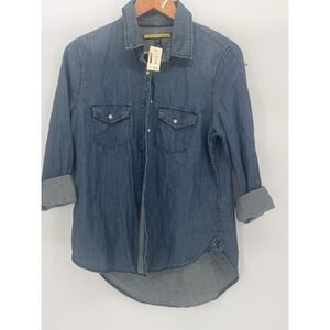 NWT Prince & Fox Blue Denim Button Down Shirt Women Size Medium Rolled Sleeve Y2